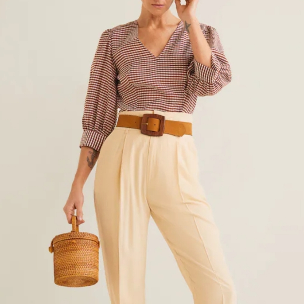 NWT Mango Gingham Puff Sleeve Blouse - Picture 1 of 16